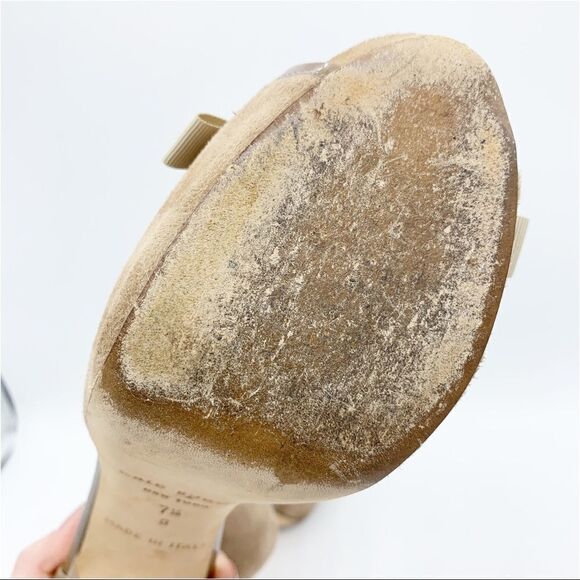 Kate Spade Taupe Suede Peep-to Platform Stiletto Sandals Chain w/Ribbon Sz 7.5 - Picture 10 of 16